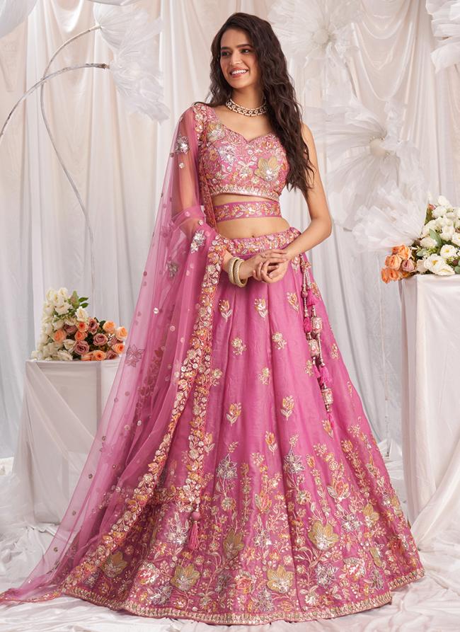 Organza Pink Wedding Wear Sequins Work Lehenga Choli